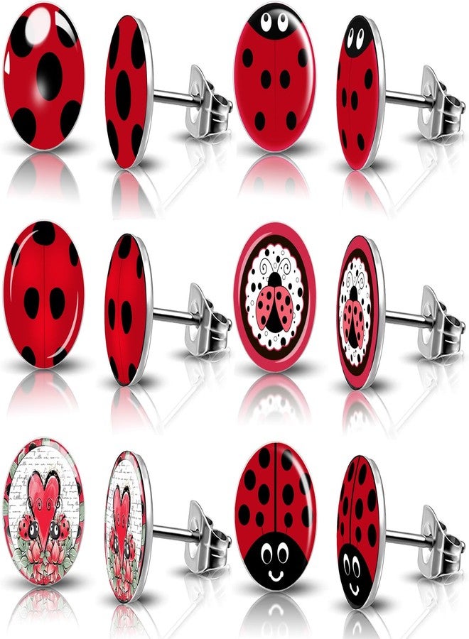 SIISPRI 6Pairs Ladybug Women Earrings Set Cute Bug Little Ladybird Earrings Round Circle Button Stud Post Earrings 10MM (Silver) - Image 1